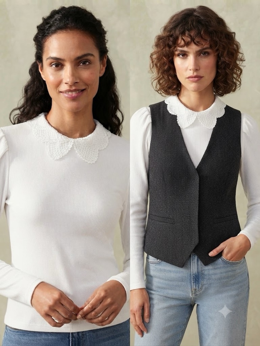 Women's White Ribbed Crewneck Sweater with Scalloped Peter Pan Collar